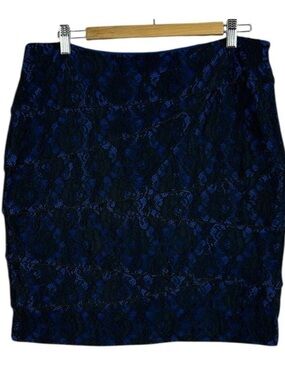 Lapis Chic Lace Overlay Side Zip Closure Pencil Mini Skirt XL Blue Black Party